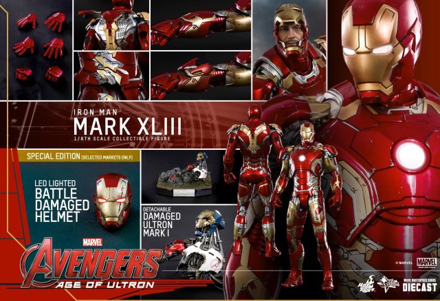 Avengers Age of Ultron Hot Toys Iron Man Mark XLIII Exclusive LED Battle Damaged Helmet