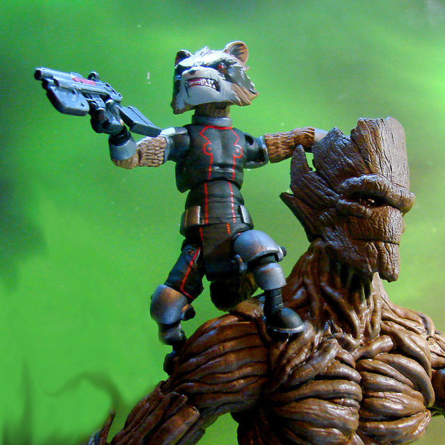 Disney Store Rocket Raccoon Figure on Groot Diamond Select Toys Figure's Shoulder