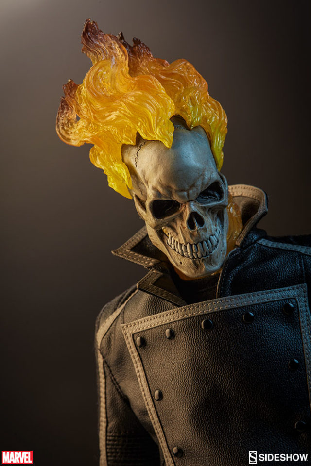 Close-Up of Ghost Rider Sideshow 12 Inch Figure Flaming Skull Head