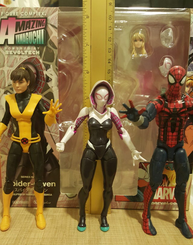 Spider-Gwen Revoltech Size Comparison with Marvel Legends