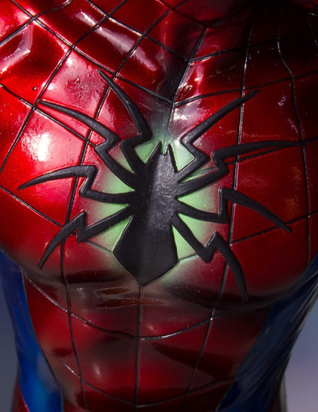 Close-Up of Glowing Spider Symbol on Gentle Giant Spider-Man Bust