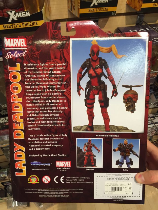 Back of Marvel Select Lady Deadpool Packaging