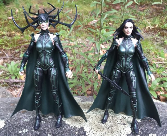 Comparison of Marvel Legends Hela 6" Movie Figure with and without Mask