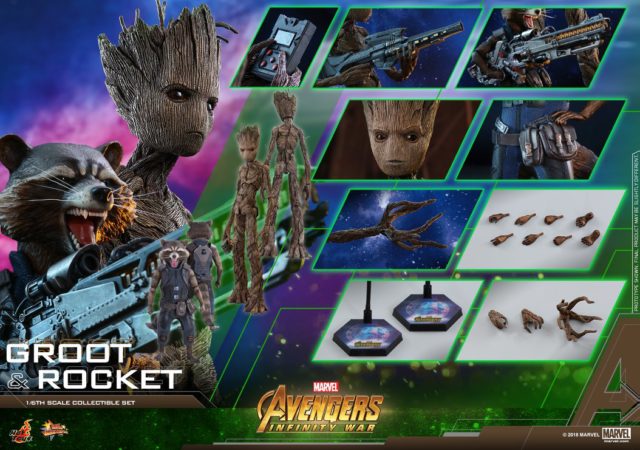Hot Toys Infinity War Teen Groot and Rocket Raccoon Figures and Accessories