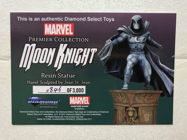 Diamond Select Moon Knight Statue Authenticity Card