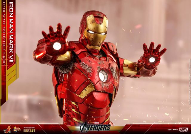 Close-Up of Battle Damaged Iron Man Mark VII Hot Toys Die-Cast Figure