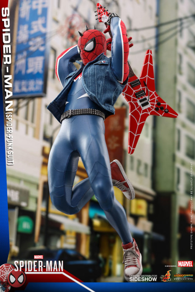 Spider-Man PS4 Hot Toys Spider-Punk Figure Attacking with Guitar