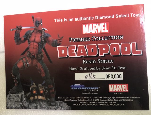 Deadpool Premier Collection Statue Authenticity Card