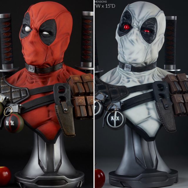 Sideshow Collectibles Life Size Deadpool Busts Comparison Photo Red and Grey X-Force