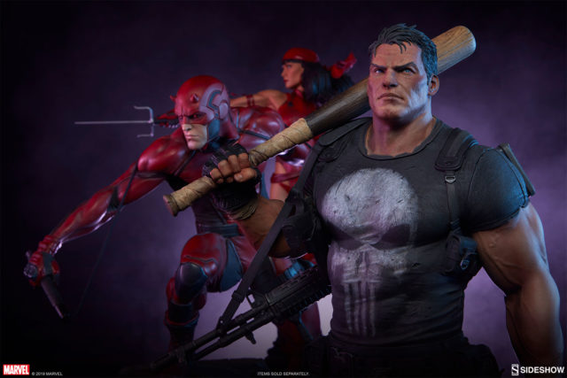 2019 Sideshow Collectibles Punisher Statue Next to Daredevil and Elektra