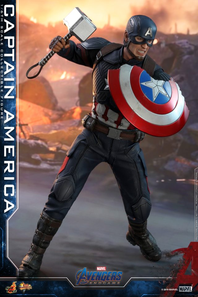 Avengers Endgame Hot Toys Captain America with Mjolnir Hammer and Broken Shield