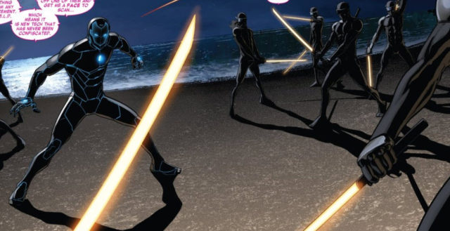 Comic Panel of Invincible Iron Man Stealth Armor vs Ninjas with Swords