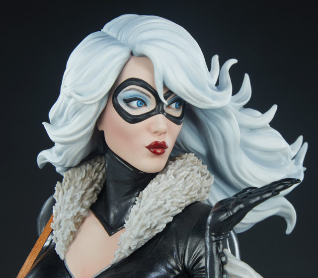 Close-Up of Black Cat Sideshow Collectibles Mark Brooks Statue Head Blowing Kisses