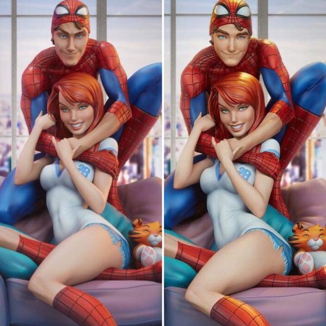 Comparison of Original Spider-Man & Mary Jane Statue Peter Parker Face and Revised Version