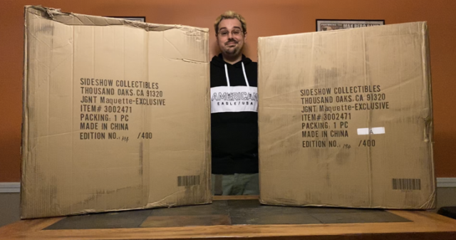 Dabid with Two Sideshow Juggernaut Maquette Shipper Boxes