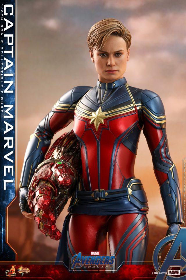 Brie Larson Portrait on Hot Toys Endgame Captain Marvel Figure with Infinity Nano Gauntlet