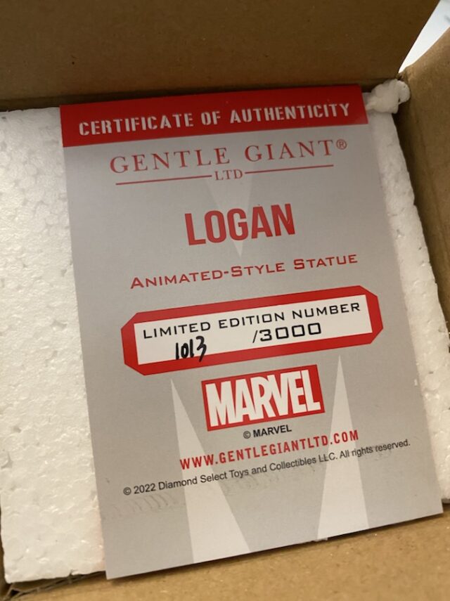 Diamond Select Toys Marvel Animated Logan Resin Figure Authenticity Certificate